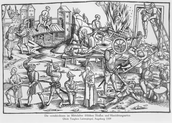 De gebruikelijke straffen in Duitsland tijdens de Middeleeuwen, illustratie uit Laienspiegel door Ulrich Tengler, gepubliceerd Augsburg 1509